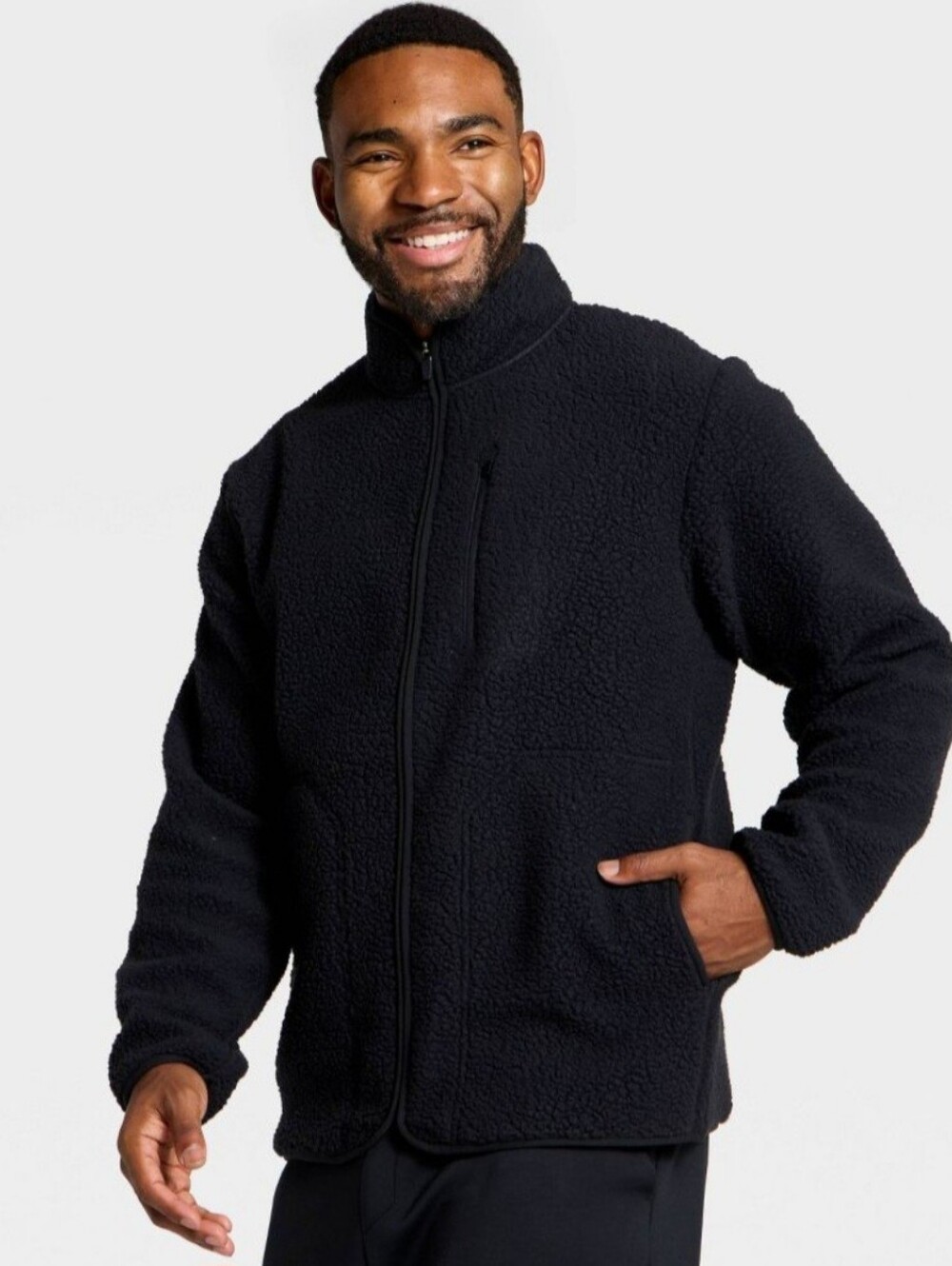 NWT All in‎ Motion Men's Sherpa Fleece Full Zip Jacket Black Zip Pockets